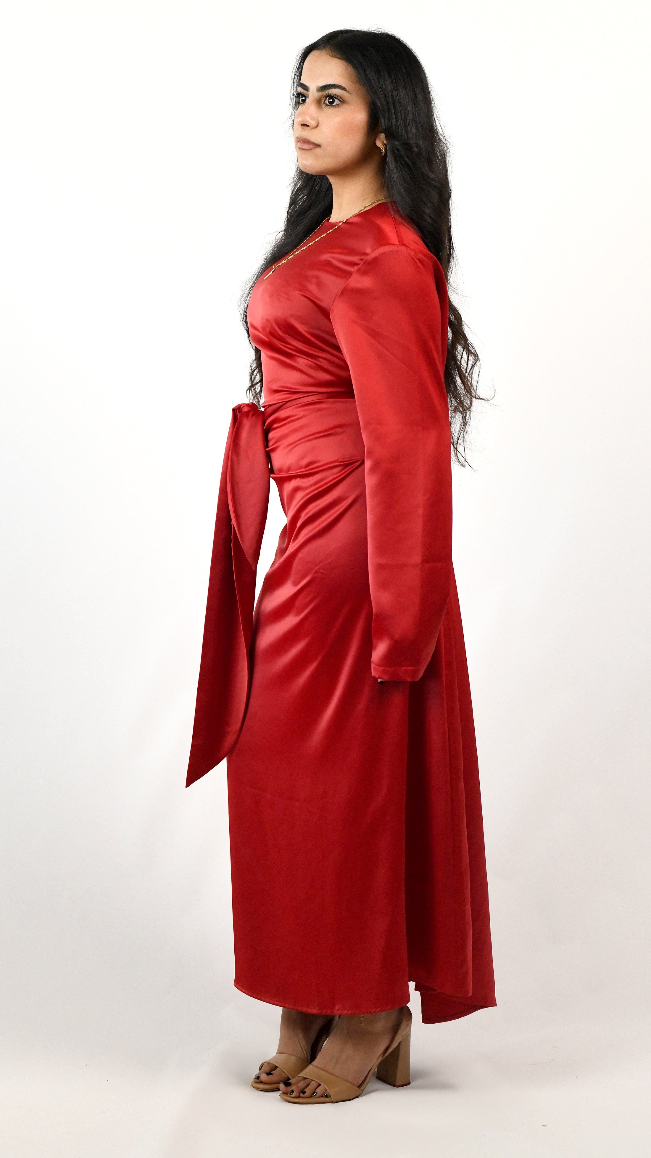 Sara Satin Tie Dress - Cherry