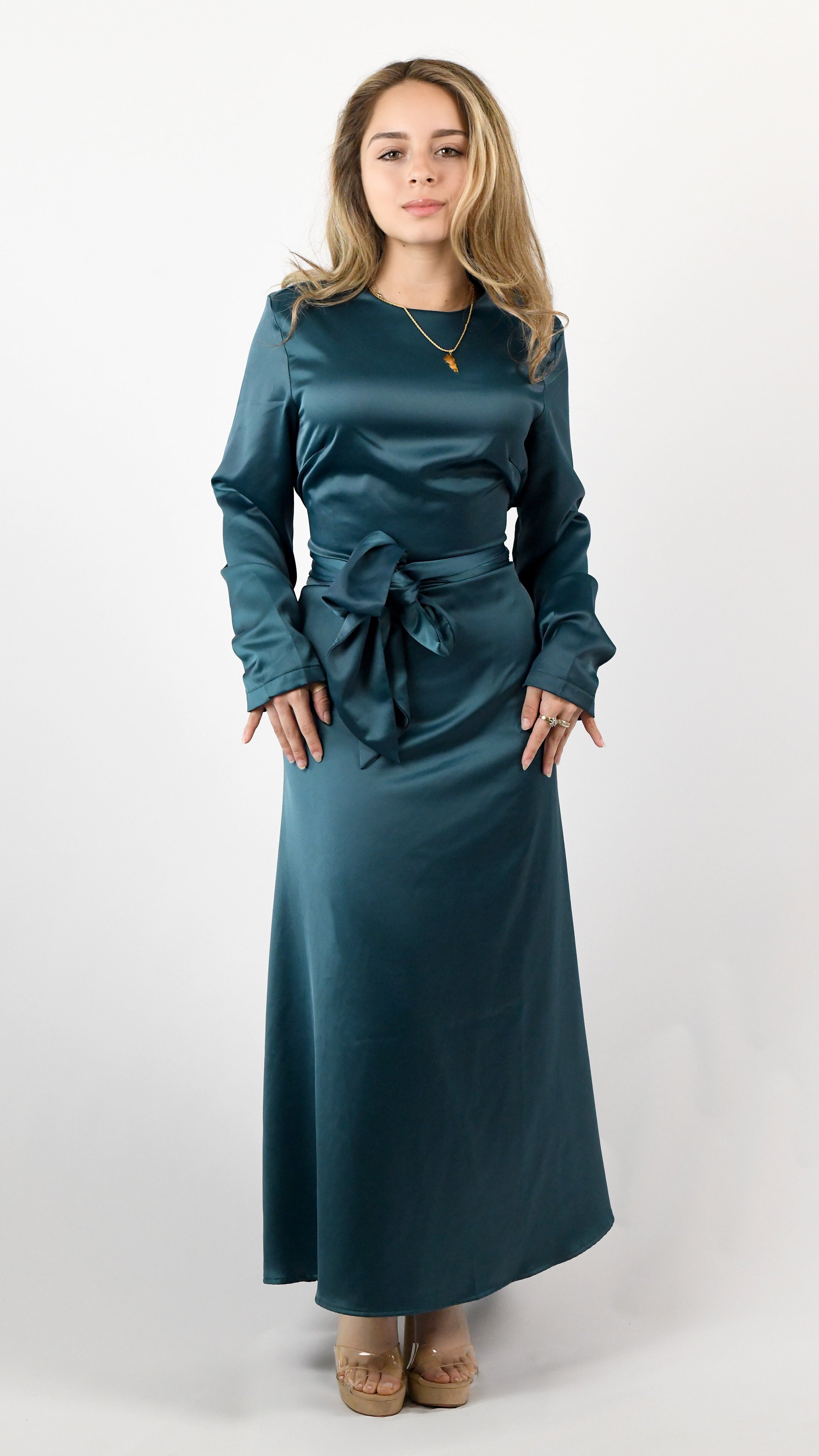 Sara Satin Tie Dress - Teal
