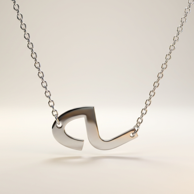 Silver necklace with a arabic pendant on a neutral background