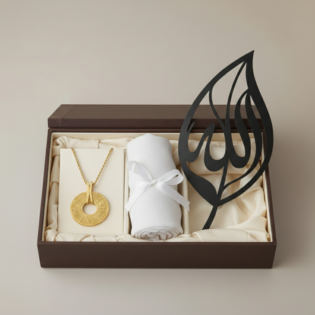 Jewelry set with gold necklace, white fabric, and black decorative item in a wooden box. eid gift.