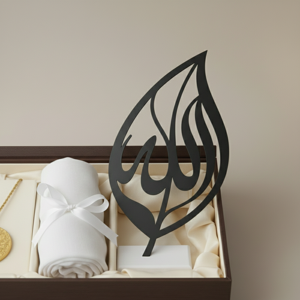 Jewelry set with gold necklace, white fabric, and black decorative item in a wooden box. eid gift.