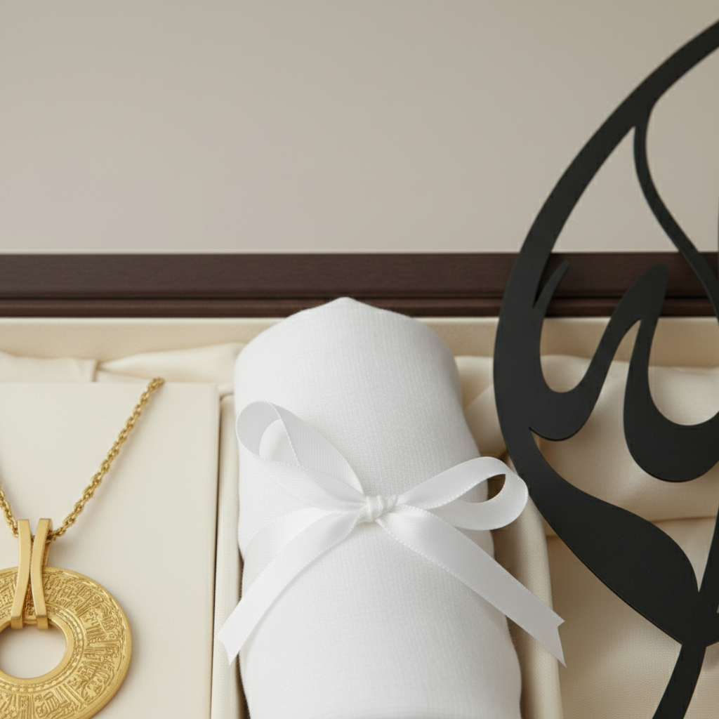 Gold necklace and white rolled-up paper with a ribbon on a beige surface