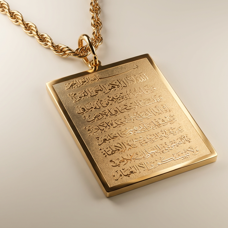 Gold pendant with engraved ayatul kursi on a light background