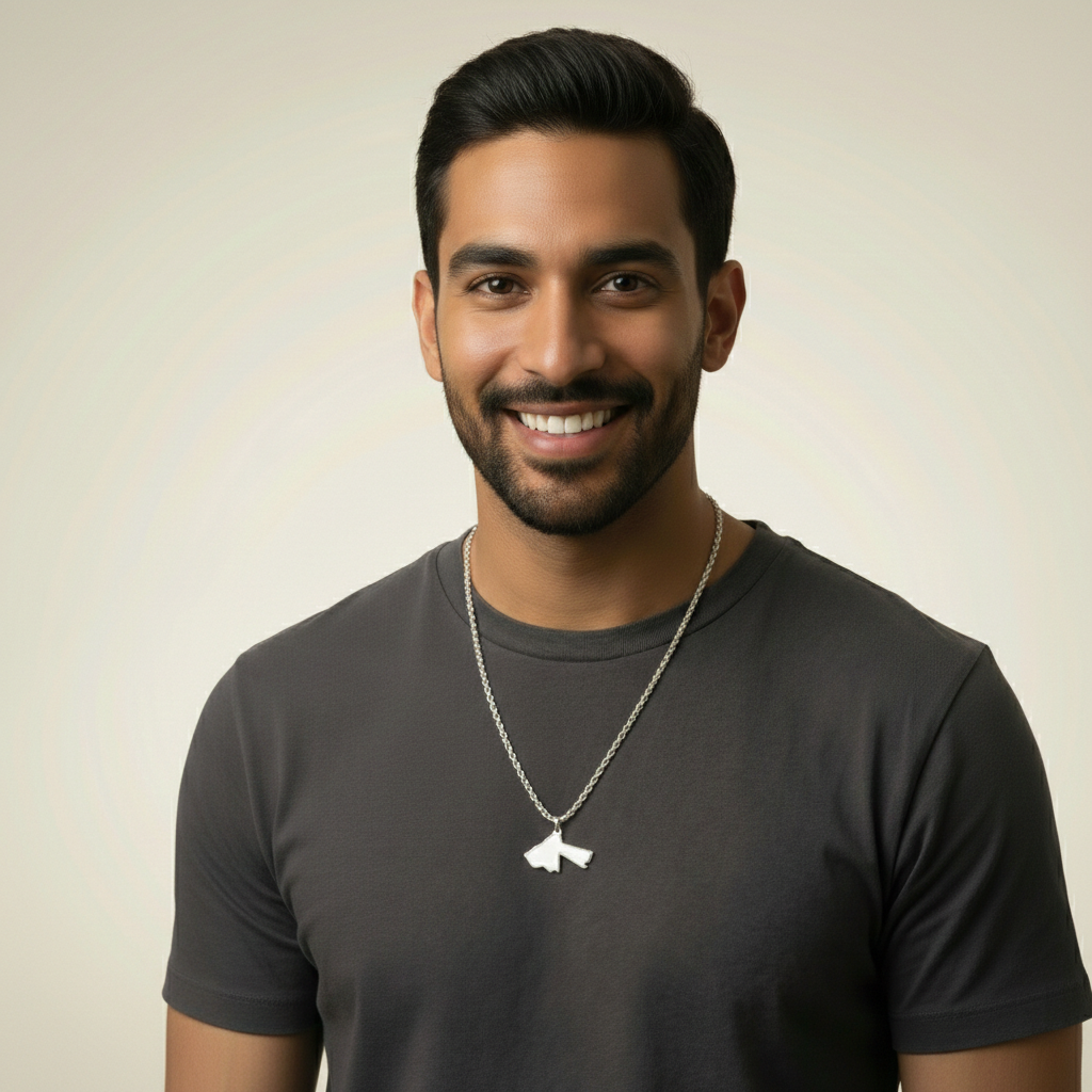 Man wearing a dark gray t-shirt with a necklace against a beige background