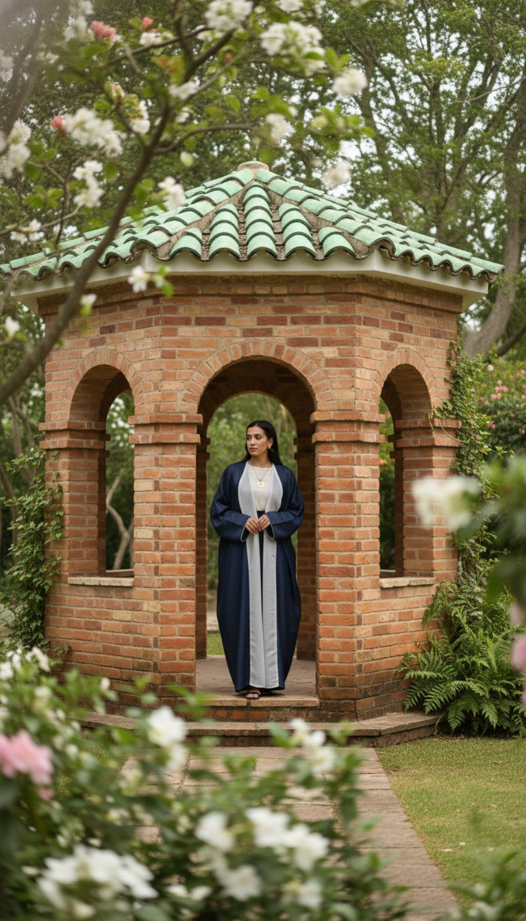 Woman in a blue and white abaya standing in a brick gazebo with greenery around.