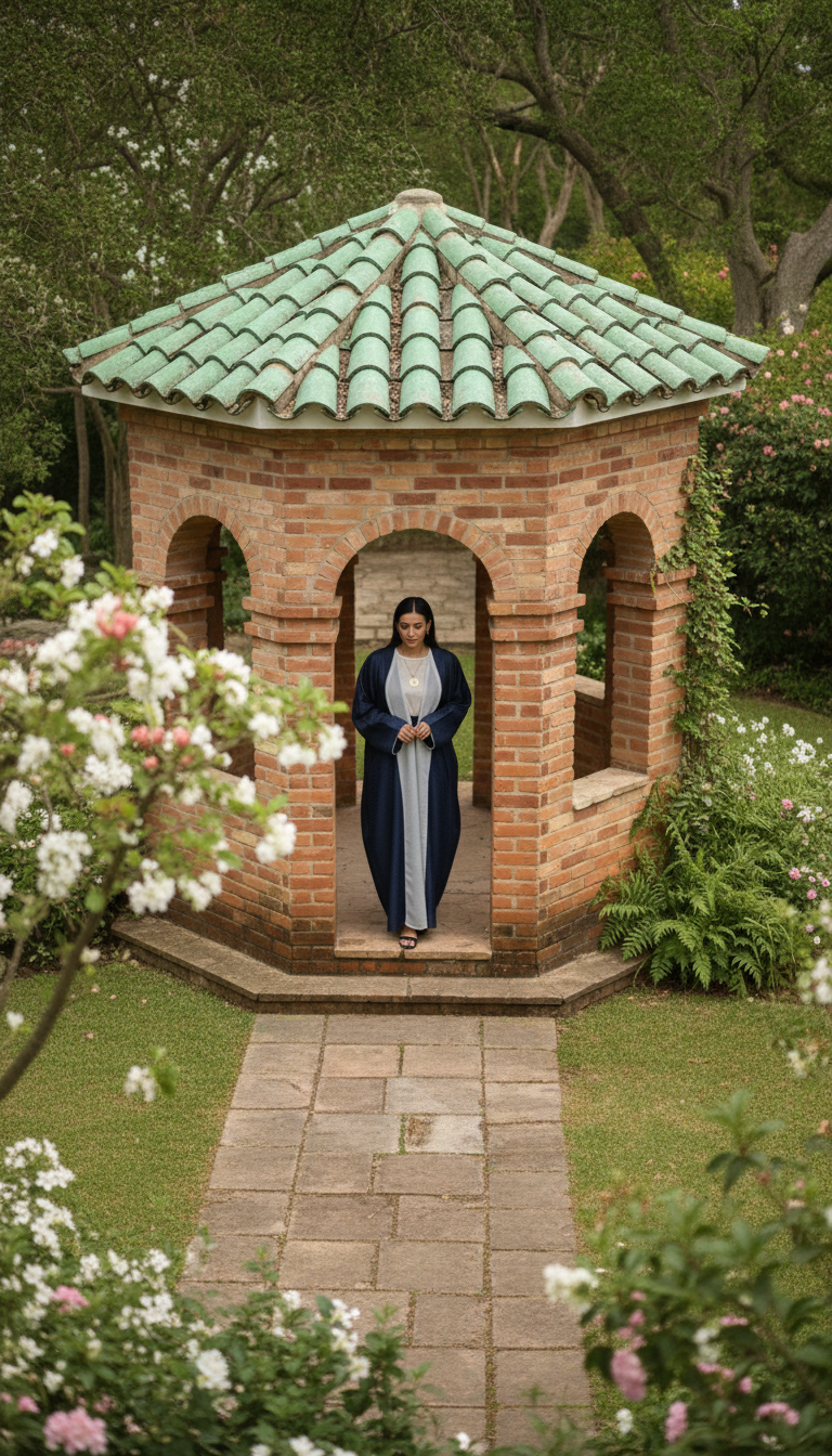 Woman in a blue and white abaya standing in a brick gazebo with greenery around.