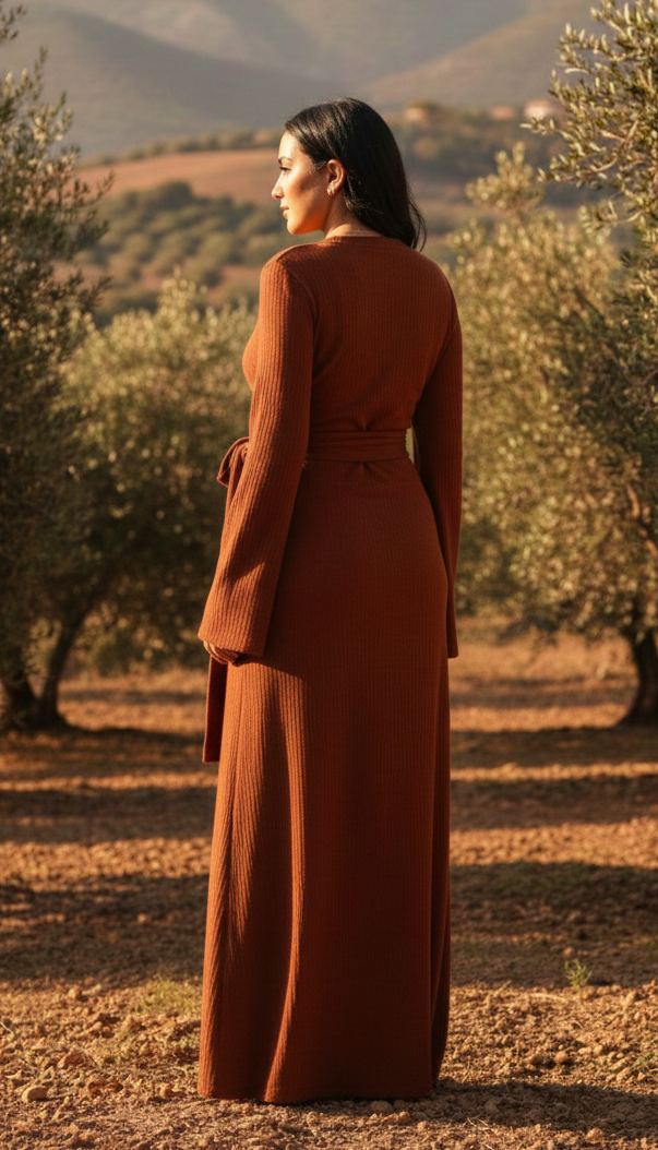 Woman in a rust-colored dress standing in an olive grove with mountains in the background