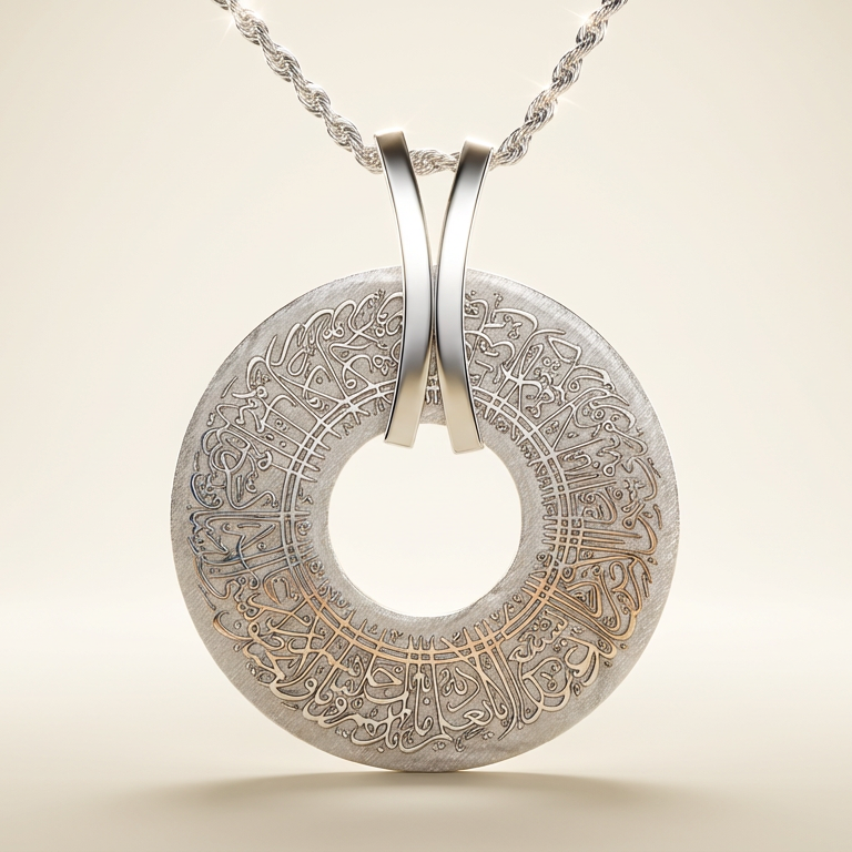Silver necklace with ayatul kursi on a beige background