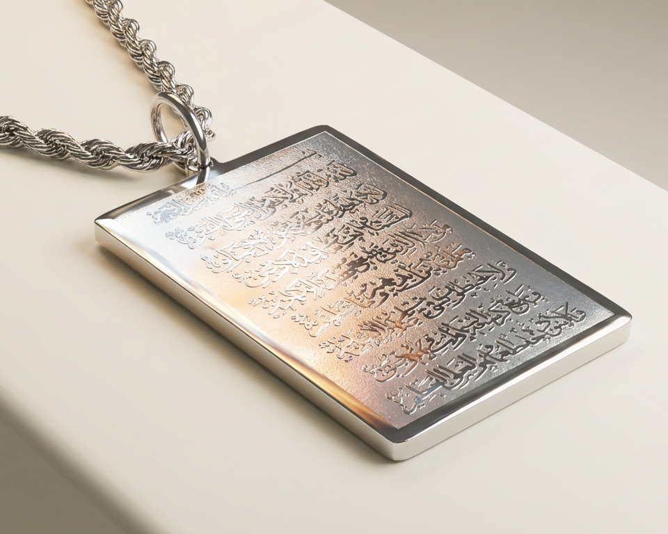 Silver pendant with engraved ayatul kursi on a beige background