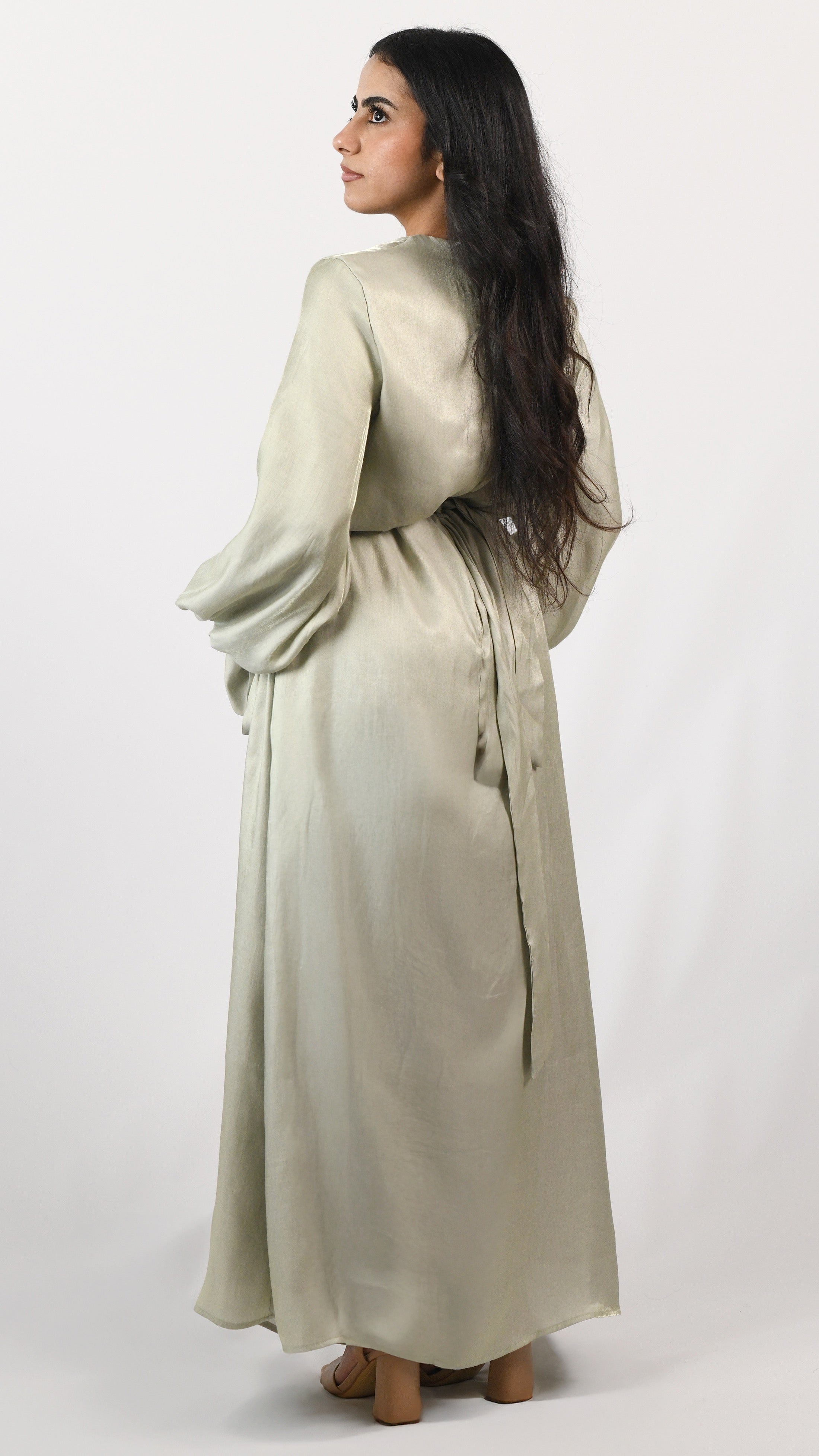 Lena Tie Sleeve Dress - Shimmery Olive