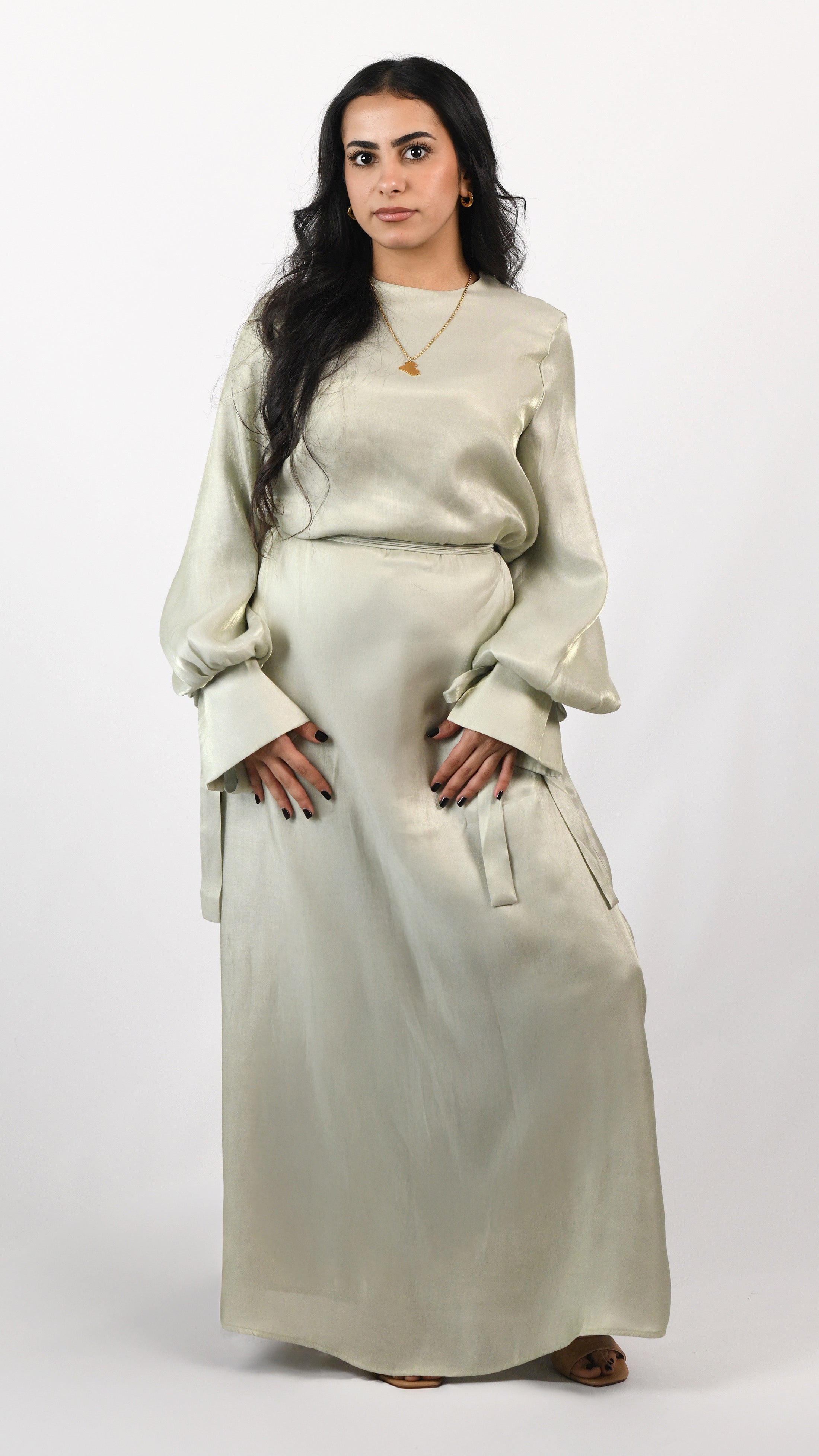 Lena Tie Sleeve Dress - Shimmery Olive