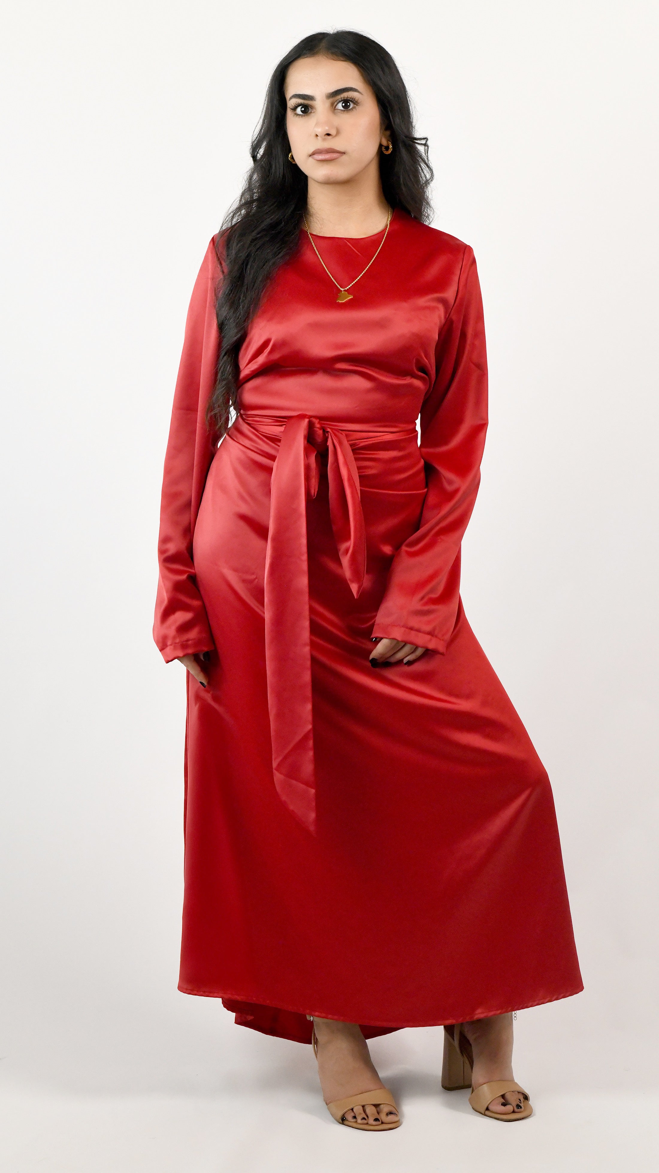 Sara Satin Tie Dress - Cherry