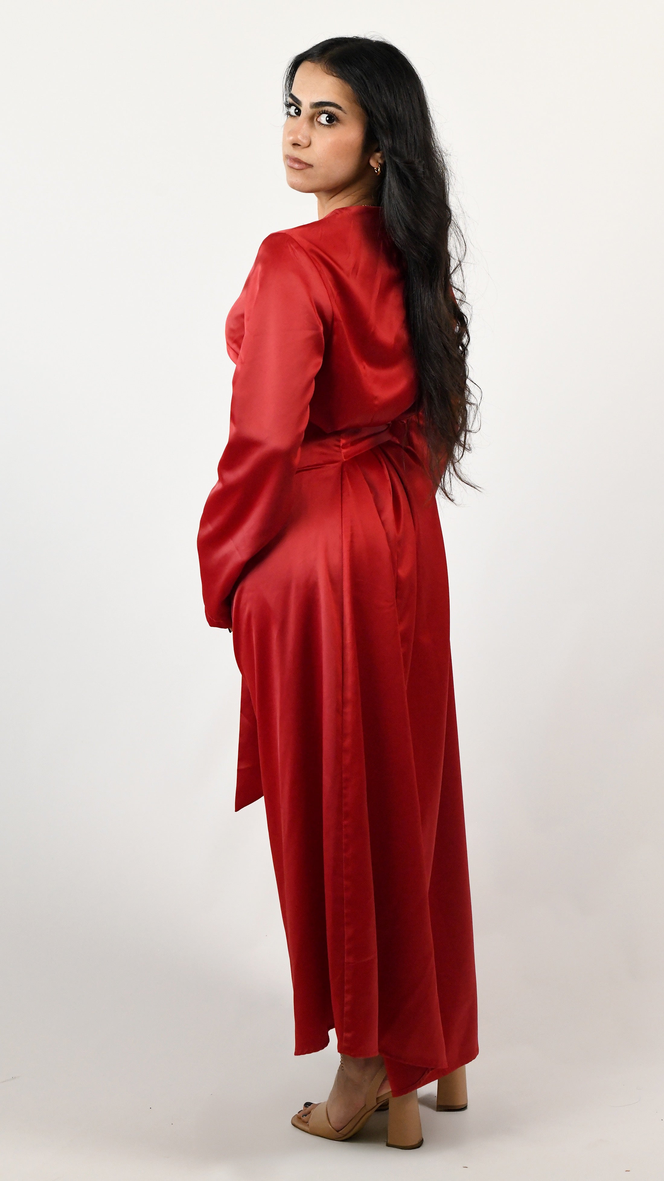 Sara Satin Tie Dress - Cherry