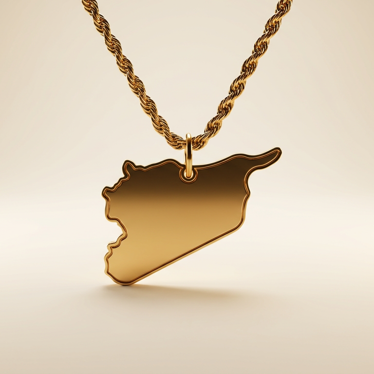 Gold necklace with a pendant shaped like the country of Syria on a light beige background