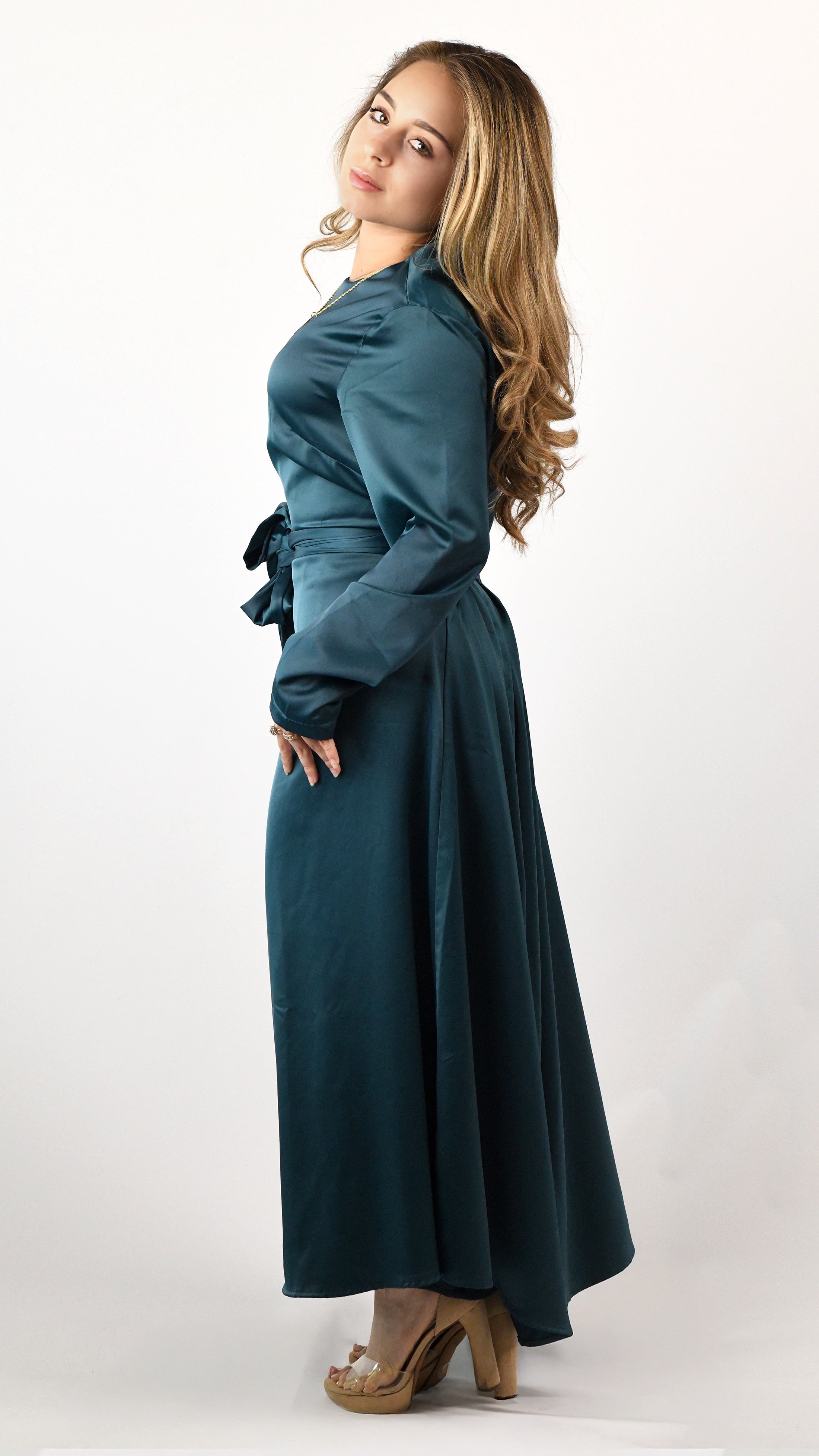 Sara Satin Tie Dress - Teal