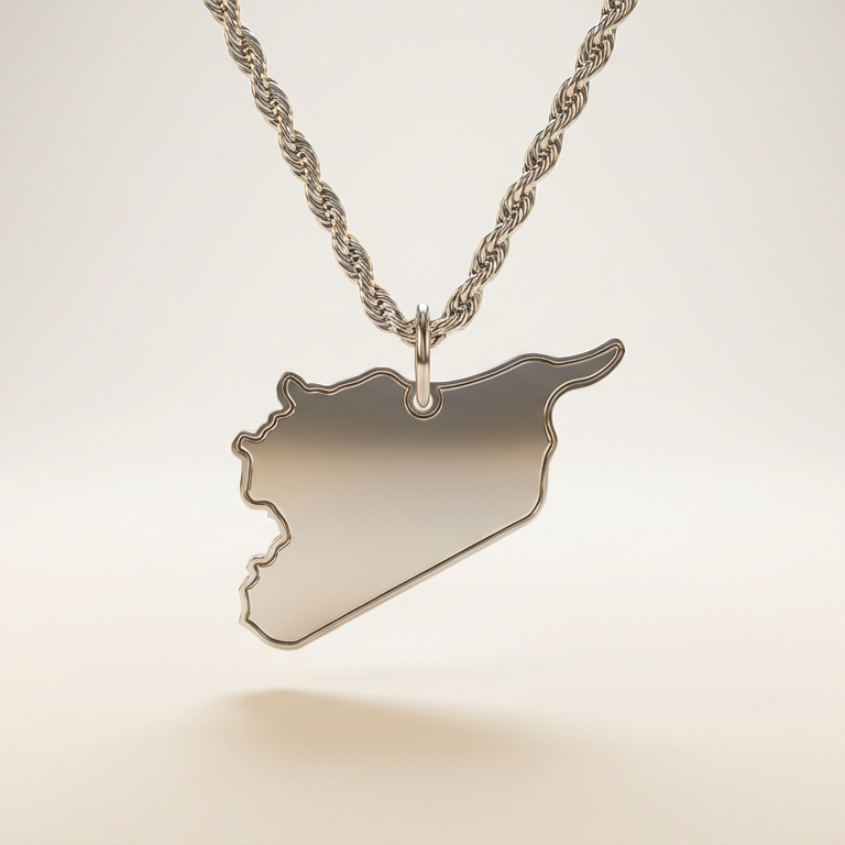 Silver necklace with a pendant shaped like the country of Syria on a light beige background