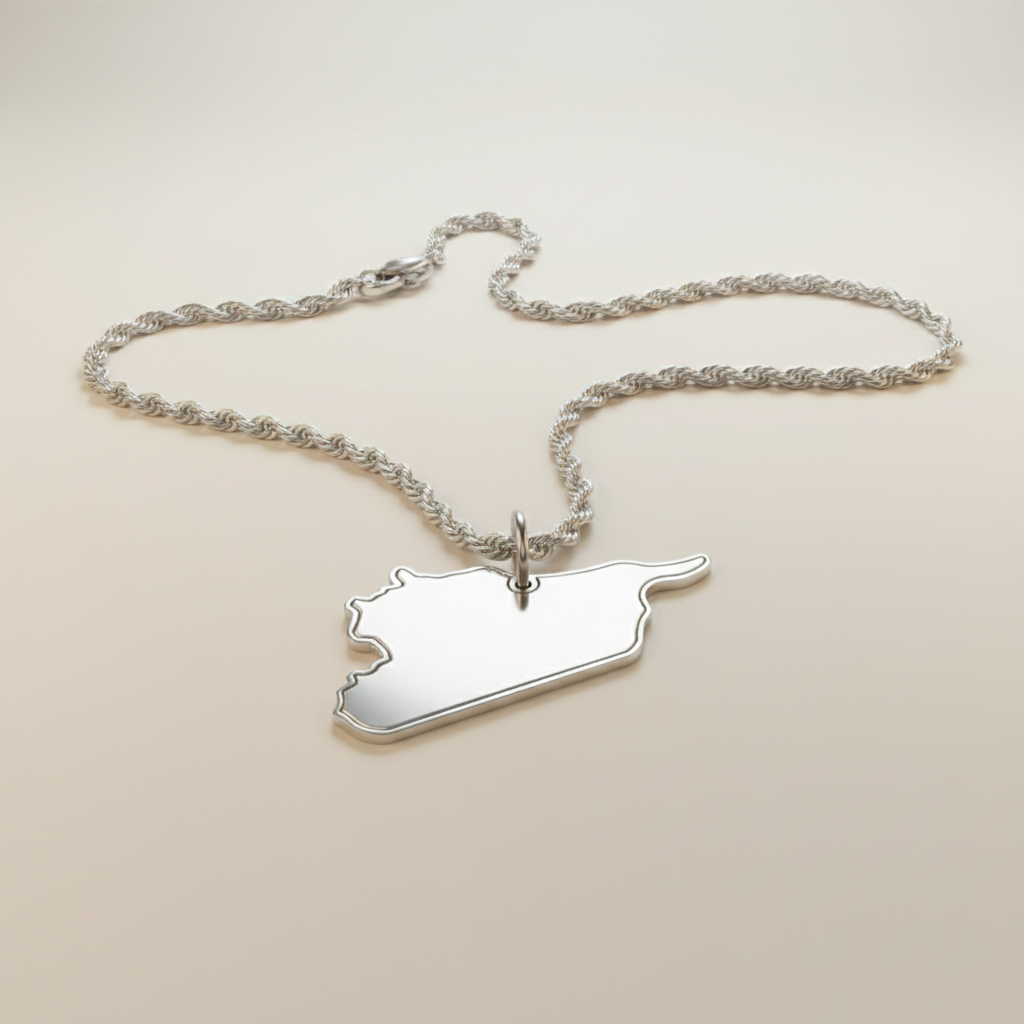 Silver necklace with a map-shaped pendant on a beige background