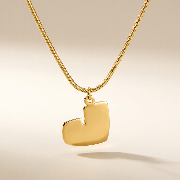 Gold necklace with a unique pendant on a beige background