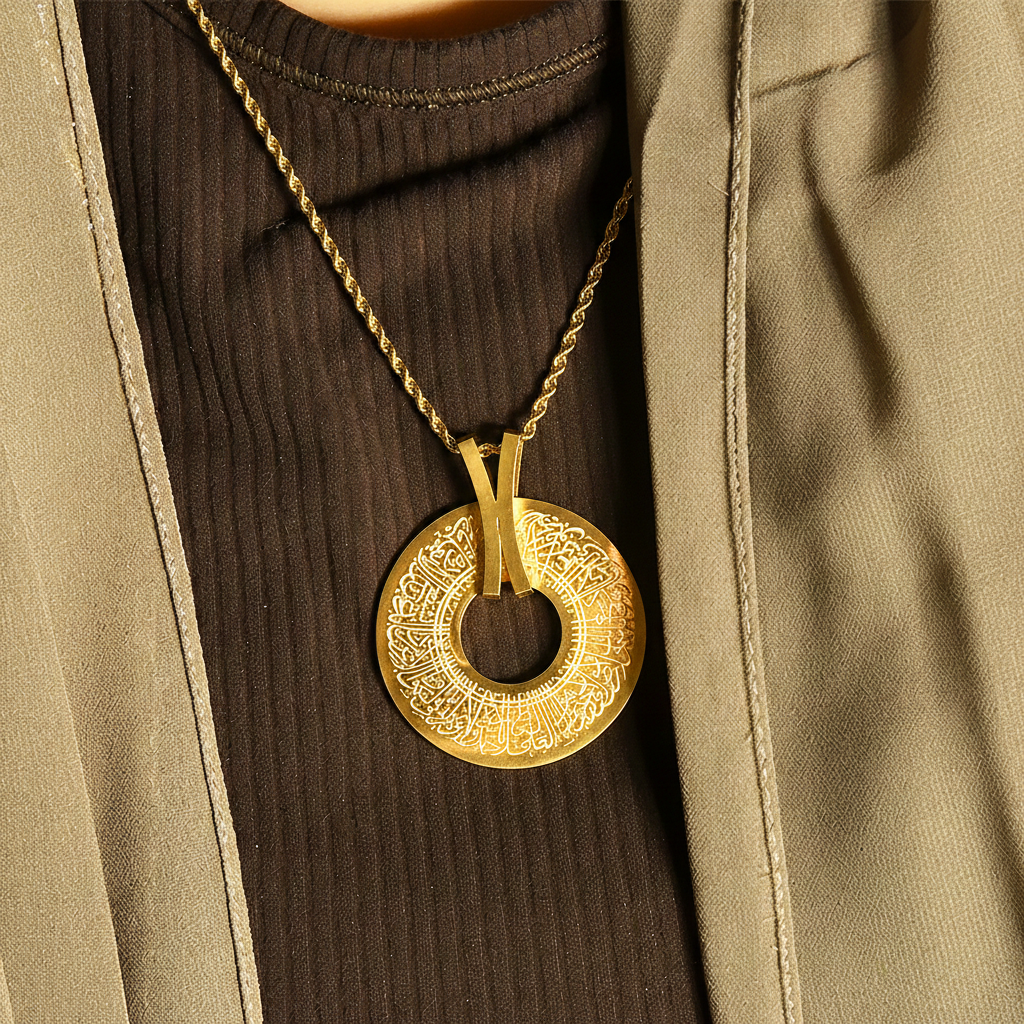 Gold necklace with a detailed ayatul kursi pendant worn by a person in a brown outfit.