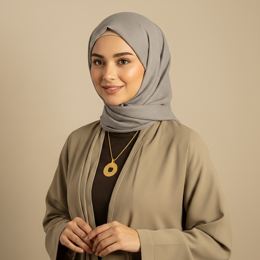 Woman wearing a gray hijab and beige outfit against a beige background