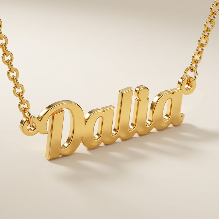 Gold necklace with name pendant on a beige background