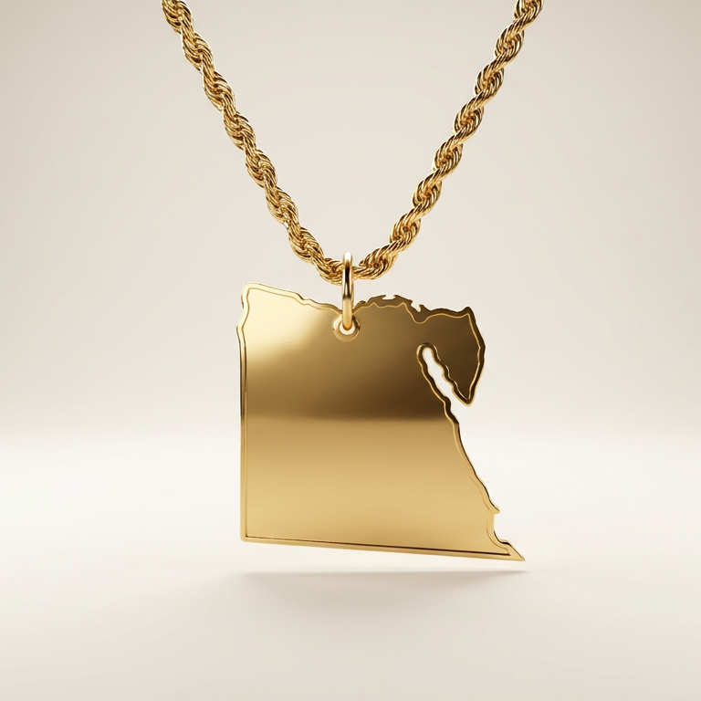 Gold necklace with a pendant shaped like the country of egypt on a light beige background