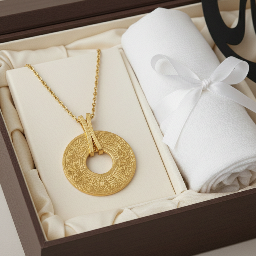 Jewelry set with gold necklace, white fabric, and black decorative item in a wooden box. eid gift.