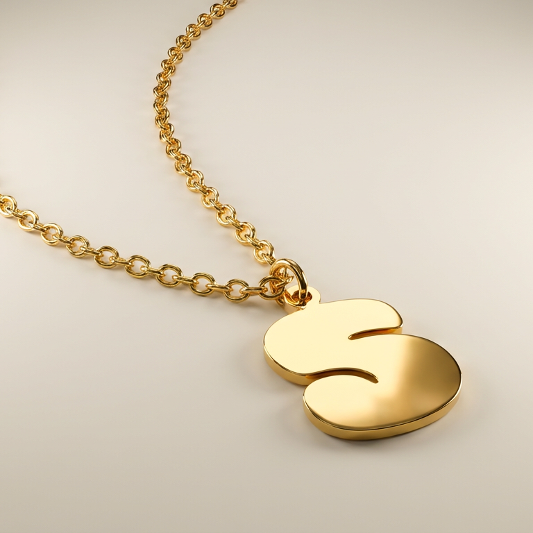 Gold necklace with a unique pendant on a beige background