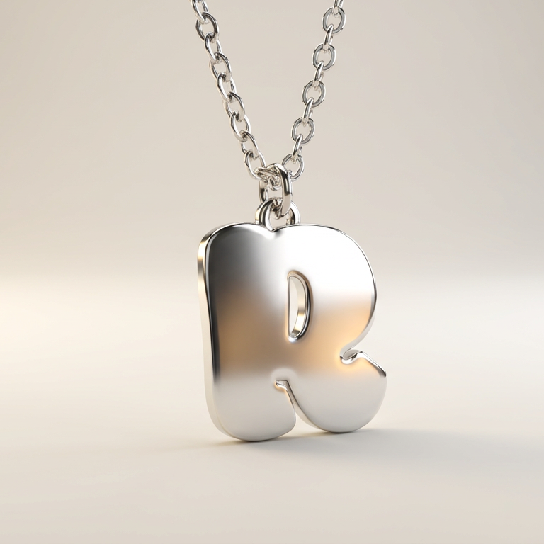 Silver necklace with a letter 'R' pendant on a neutral background