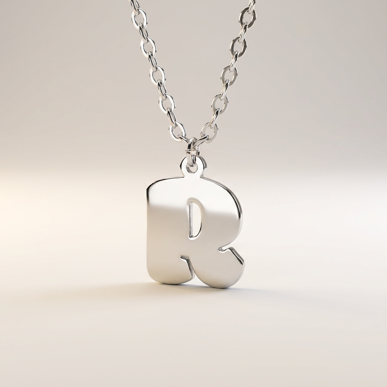 Silver necklace with a 'R' pendant on a light background