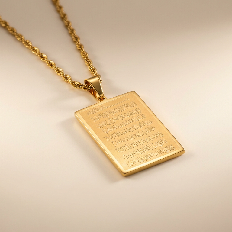 Gold pendant with engraved ayatul kursi on a light background