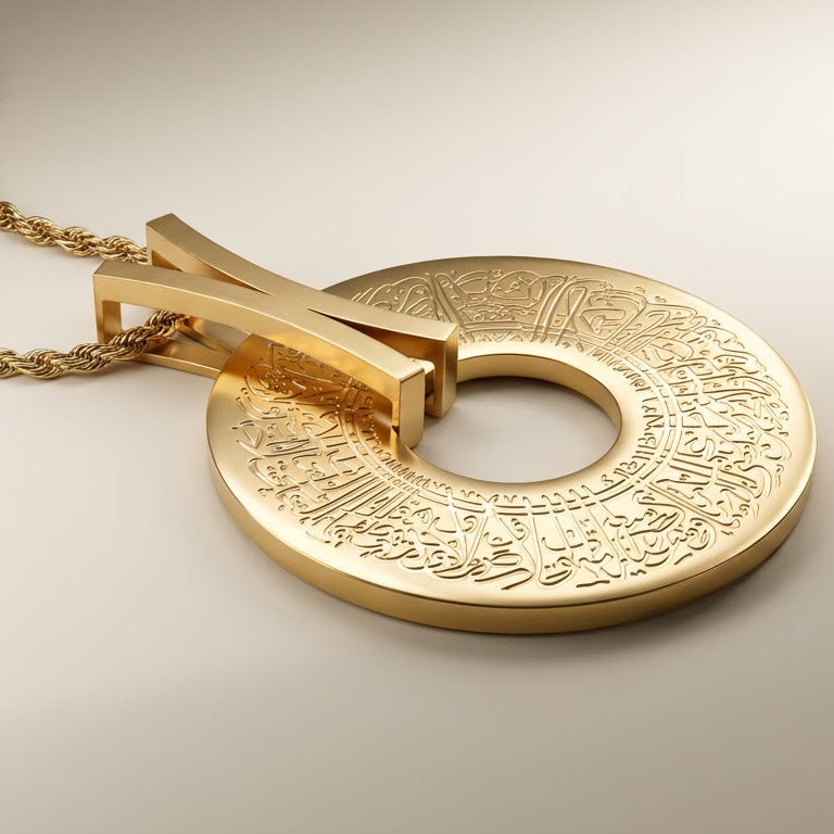 Gold pendant with engraved ayatul kursi on a light background