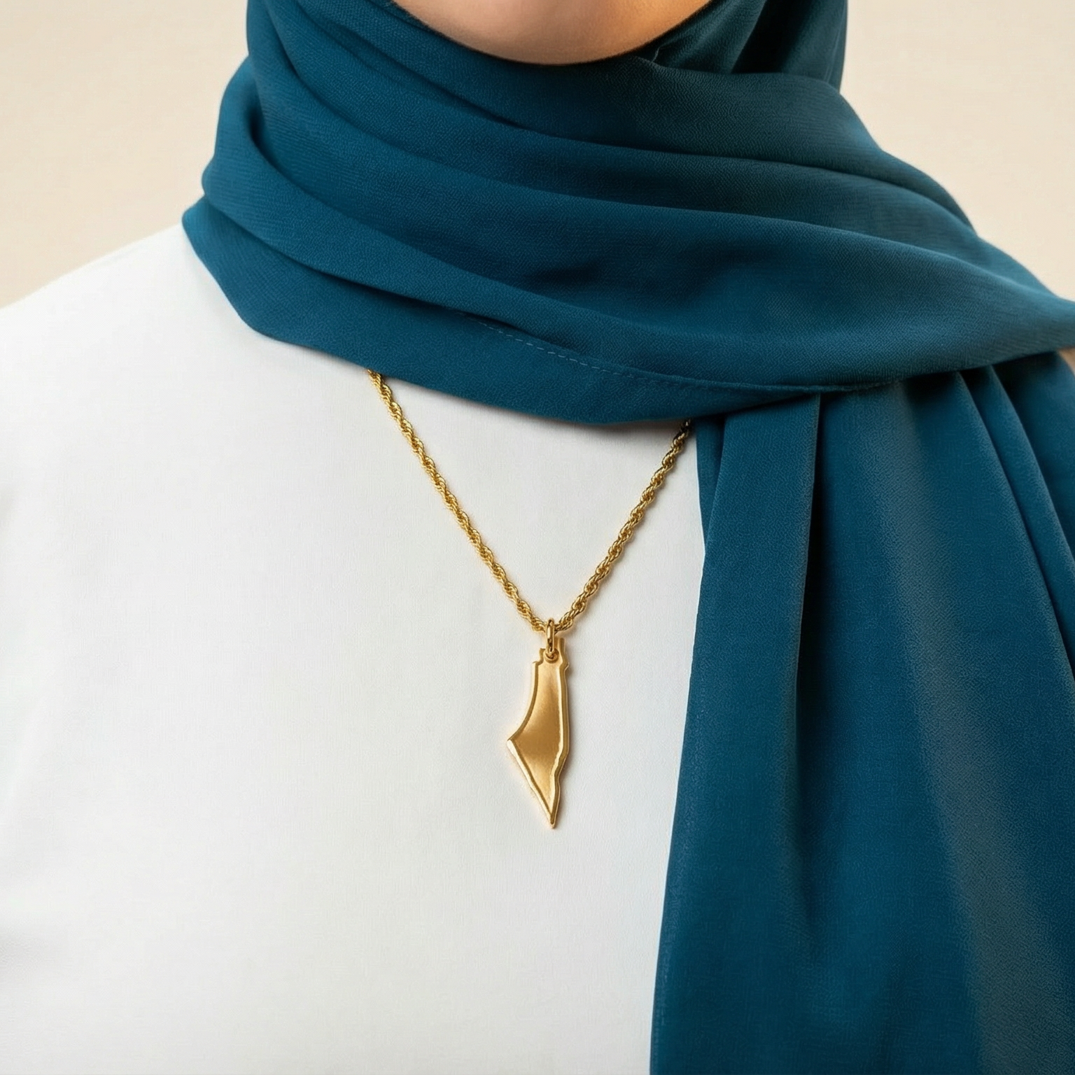 Person wearing a teal hijab and gold necklace against a beige background