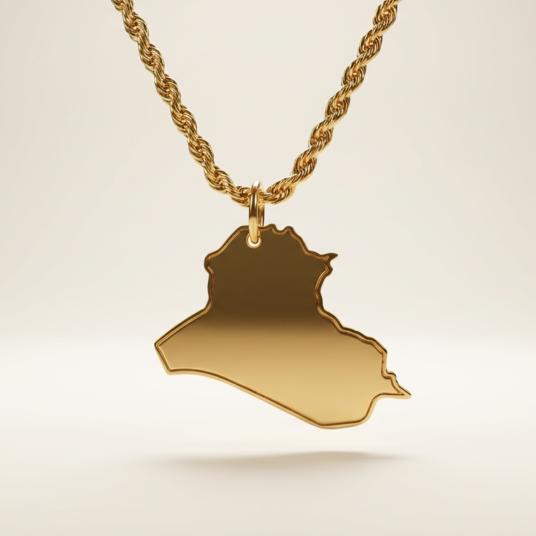 Gold necklace with a pendant shaped like the country of Iraq on a light beige background