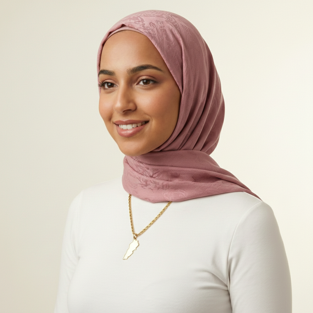 Woman wearing a pink hijab and gold lebanon necklace against a beige background