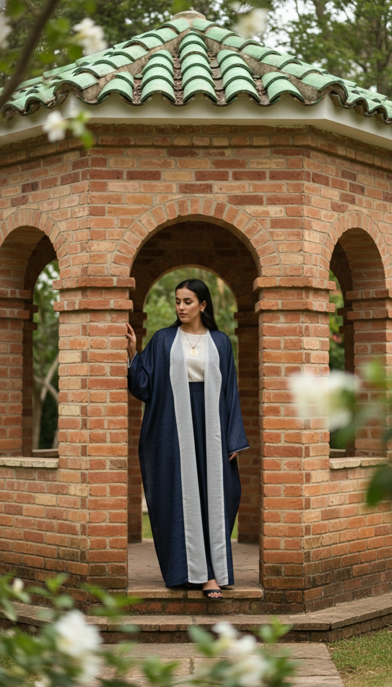 Woman in a blue and white abaya standing in a brick gazebo with greenery around.
