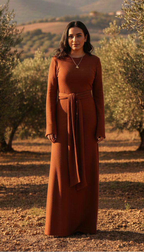 Woman in a rust-colored dress standing in an olive grove with mountains in the background