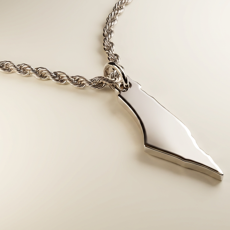 Silver necklace with a unique pendant on a light beige background