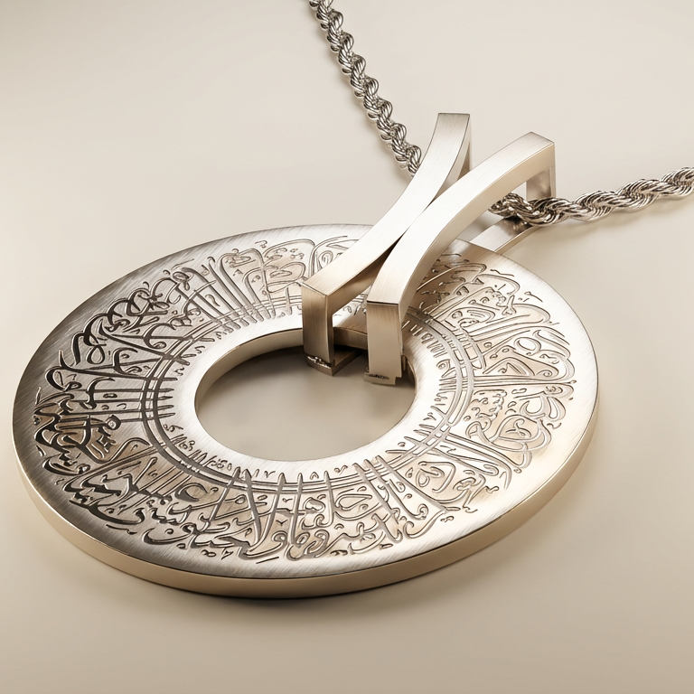 Silver necklace with ayatul kursi on a beige background