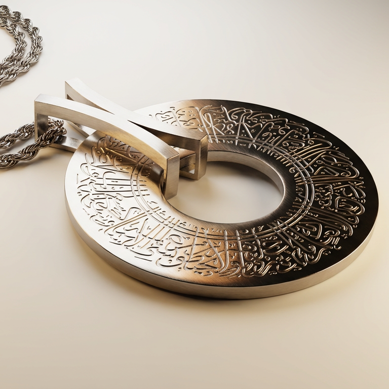 Silver necklace with ayatul kursi on a beige background