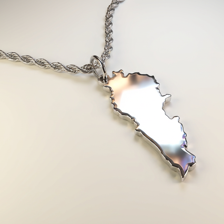 Silver necklace with a pendant shaped like lebanon on a beige background